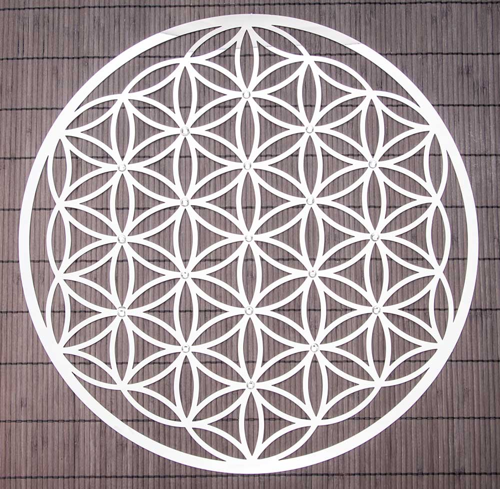 Blume des Lebens aus Edelstahl mit Kristallen, 44 cm