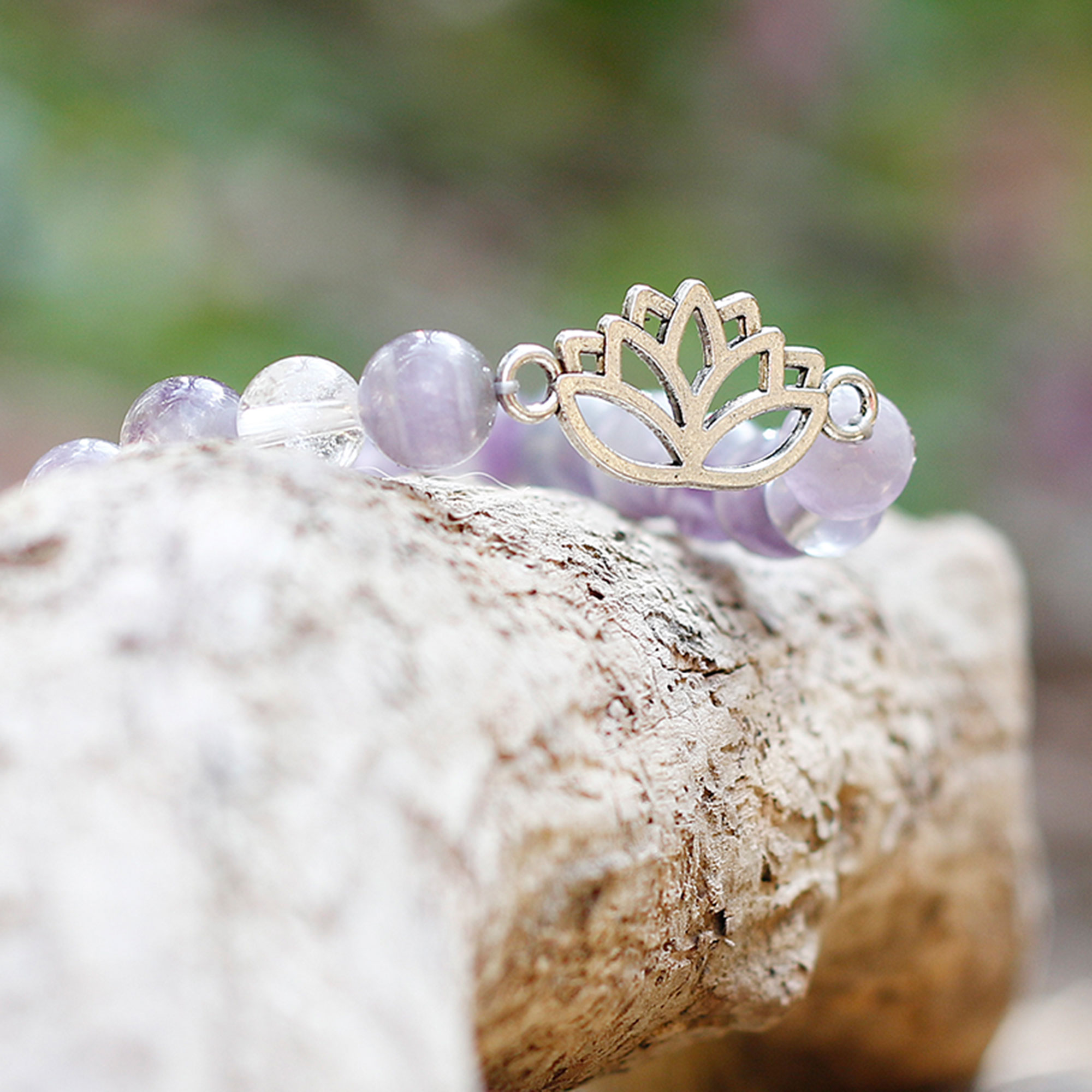 Amethyst, Berkkristall-Armband mit Lotusblüte