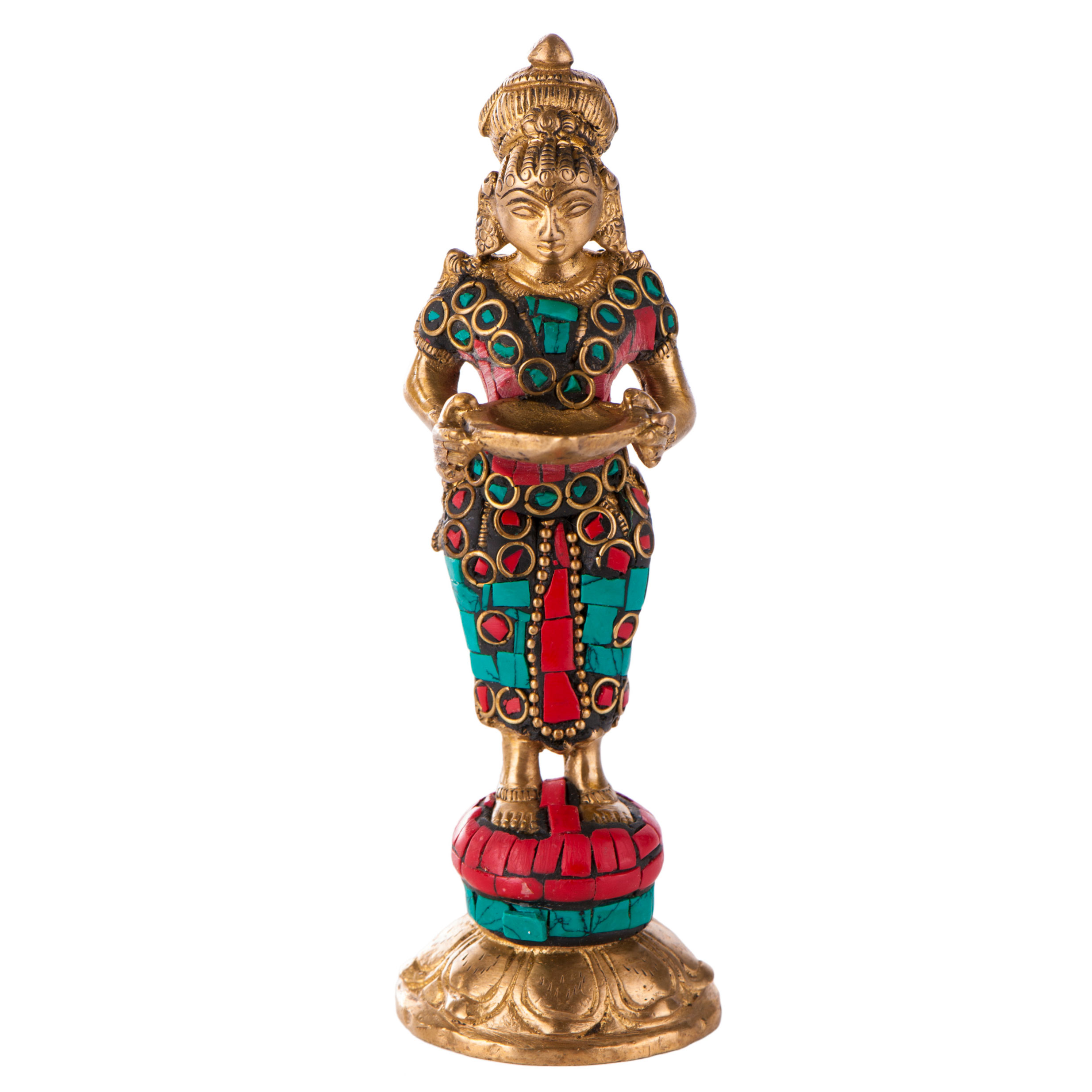 Lakshmi, stehend, 14 cm Messing mit Steinen