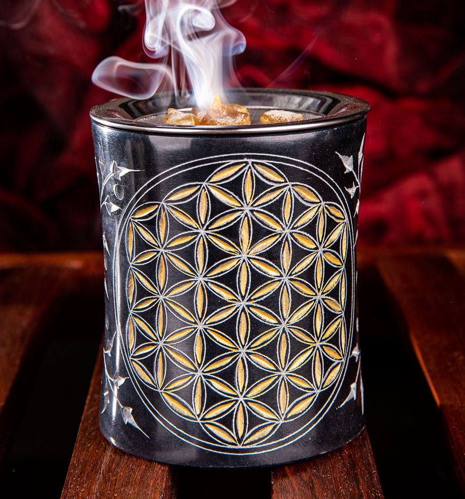 Sieb-Räucher-Gefäß Blume des Lebens schwarz - gold