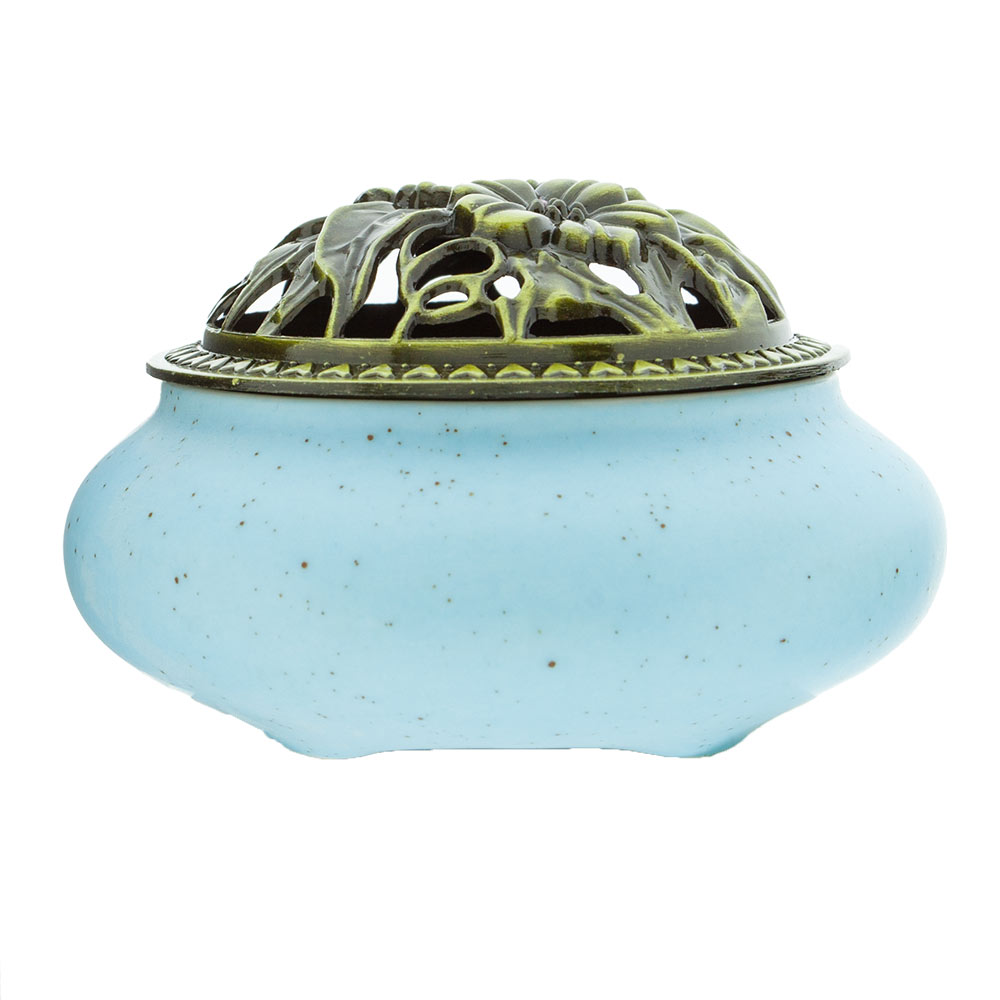 Räucherstäbchenhalter und Weihrauchkegelbrennr mit Blumen, blau