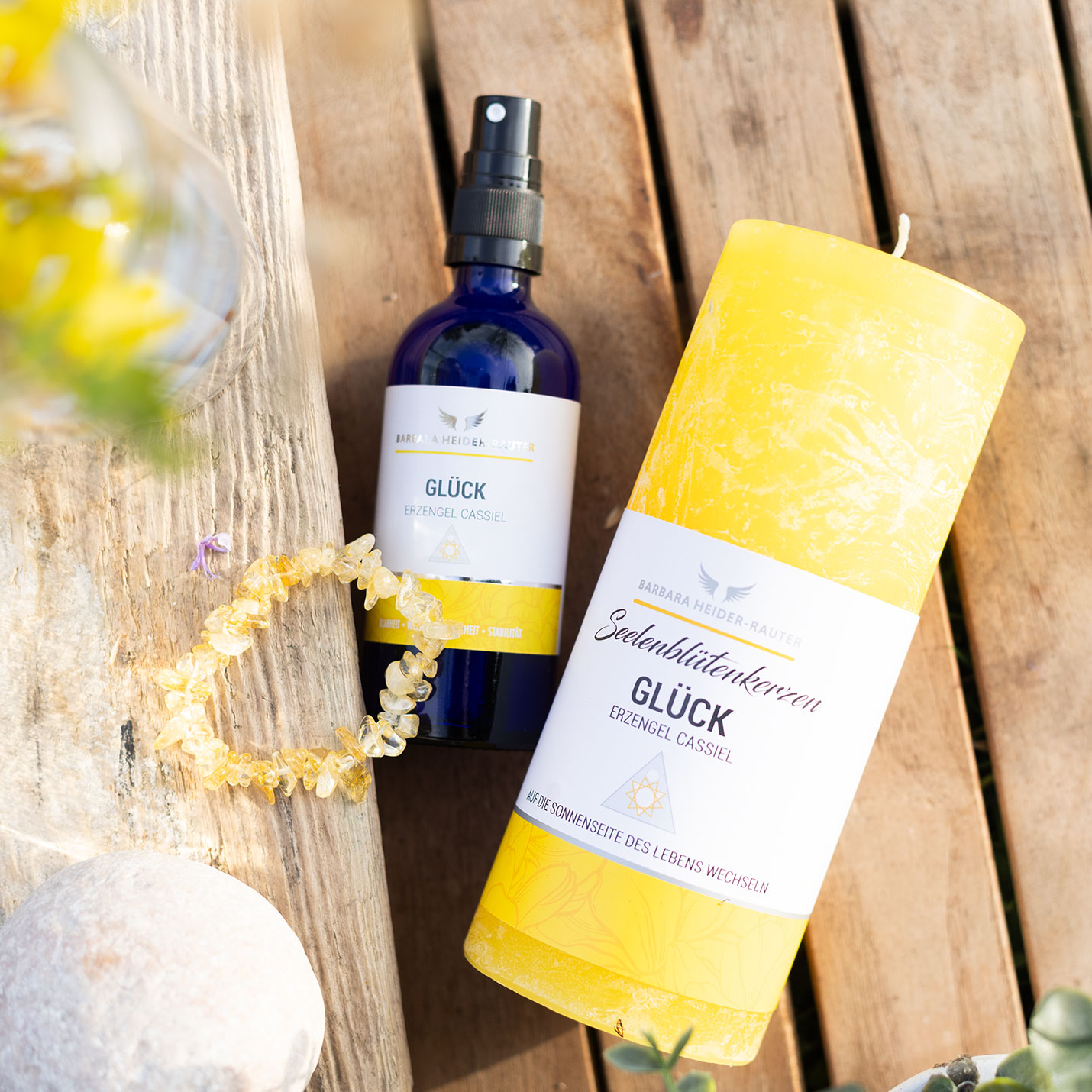 Ritualset Glück mit Aura-Spray Kerz, Seelenblütenkerze Glück und Armband itrin